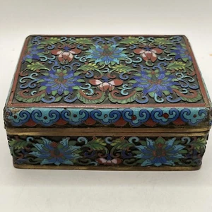 Vintage antike chinesische Cloisonné Messing aufklappbar 4,75" Schmuckschatulle blau rote Blumen - Bild 1 von 17