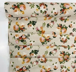 Tela de cortina rosa amarillo naranja casa de campo Shabby Chic rosas chintz aspecto de lino - Imagen 1 de 11