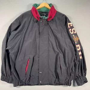 Vintage ESPN Windbreaker Jacket Mens XL Black Weatherproof Packable Hood Rain - Picture 1 of 14
