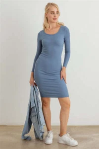 Women's Ribbed Crew Neck Long Sleeve Fitted Stretchy Mini Dress - Blue - Picture 1 of 6