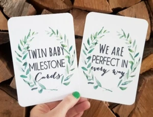 Twin baby Milestone Cards set of 20 unisex baby shower photo prop leaf scandi - Picture 1 of 3