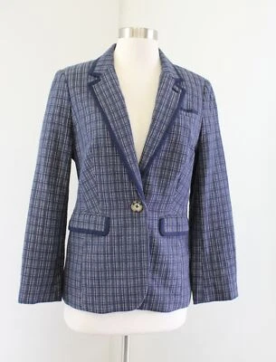 Boden женщин синий бежевый желтовато-коричневый твид одна кнопка хлопок блейзер куртка Великобритании 10R США 6R 6 - Изображение 1 из 4