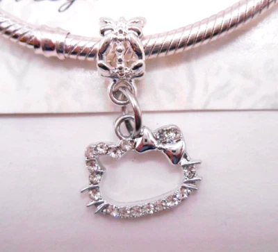 SILVER BOW LOVE MY HELLO KITTY CAT WHITE CZ BRACELET CHARM DANGLE BEAD & POUCH! - Image 1 of 3