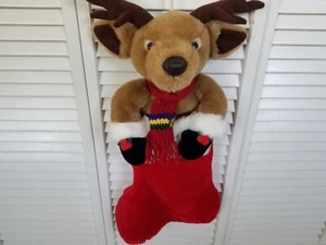 Vintage Plush Reindeer Christmas Stocking 24" with Scarf & Faux Fur Trim - Picture 1 of 9