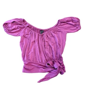 Y2K Bebe Off Shoulder Faux Wrap Tie Waist Hem Crop Top Purple Stretch Size XS - Picture 1 of 5