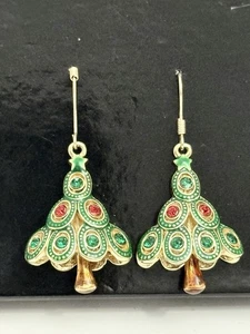 Vintage Cloisonne Christmas Tree Earrings Gold Tone Dangle Enamel Unique Bridal - Picture 1 of 7