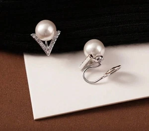 Clip on 1 1/4" comfort fit coil silver and clear stone V and pearl earrings - Picture 1 of 4