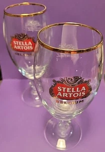 2 Stella Artois Belgium Chalice 40CL Glasses Beer Pub Bar Gold Rim Glasses - Picture 1 of 7