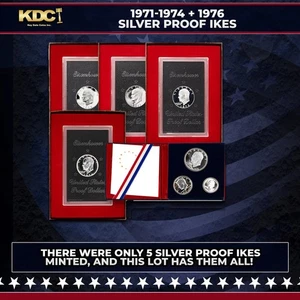 1971-1974 "Brown Ikes" & 1976 Silver Proof Ike Set, 7 monete, 5 SILVER PROOF IKES - Foto 1 di 1