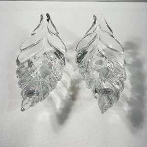 Pair Of Taper Candleholders Gorham Clear Lead Crystal Leaf Shape 6” Long - Picture 1 of 5