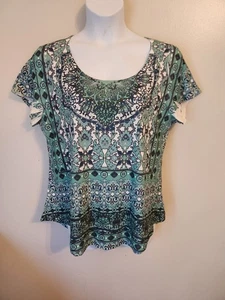 World Unity White Green Studded Floral Short Sleeve Top Hippie Boho 2X XXL - Picture 1 of 6