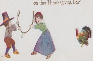 Artist Signed Children Wishbone Thanksgiving Turkey Postcard - Picture 1 of 3