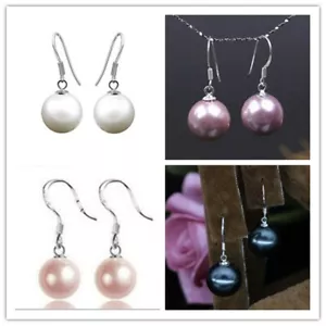 Woman Black White Pink Purple 10mm Sea Shell Pearl Drop 925 Silver Hook Earrings - Picture 1 of 16