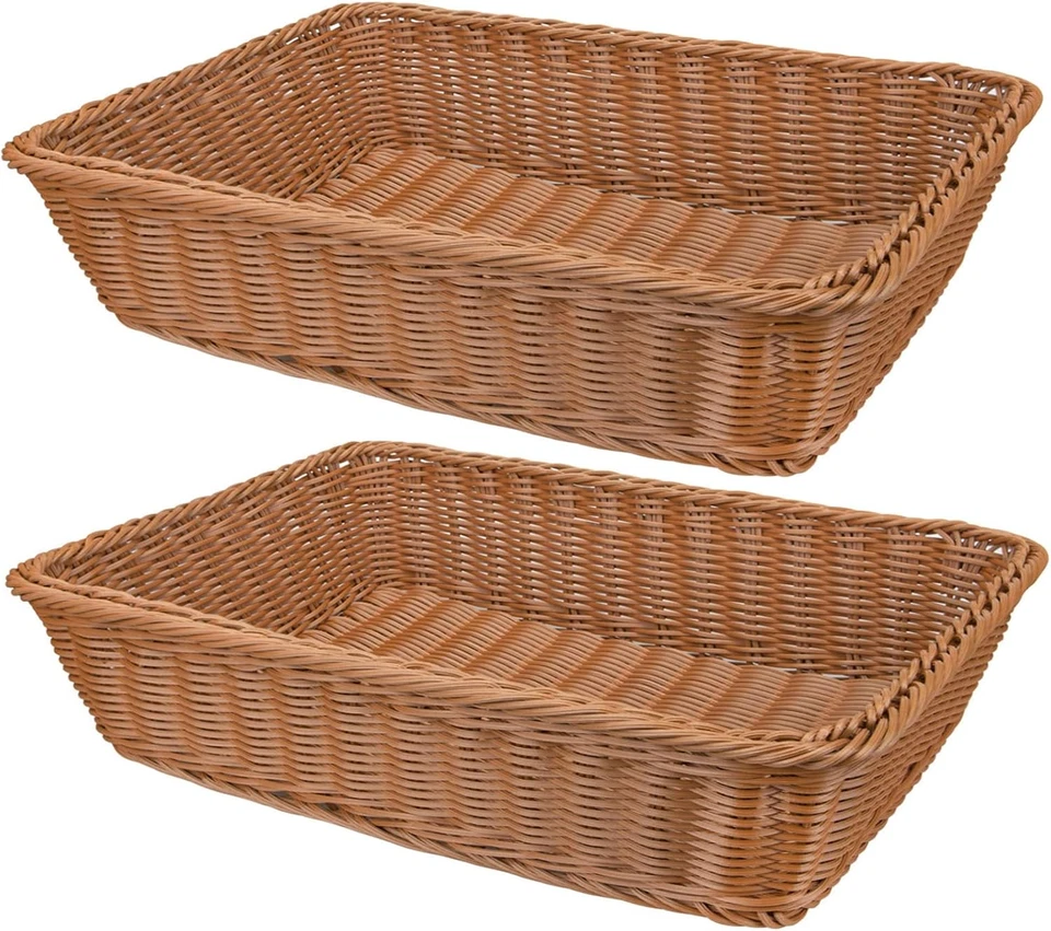2 Pack Poly Wicker Woven Bread Basket, 16 Inch Rectangular Fruit Baskets Food Se - Image 1 of 4