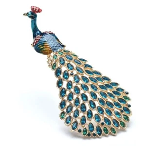 Majestic Elegant Peacock Bird Crystal Plumage Tail Rhinestone Brooch Jewelry - Picture 1 of 6