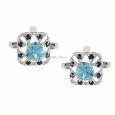 天然蓝色黄玉和加热蓝宝石 925 纯银袖扣 #1942 — 第 1/3 张图片