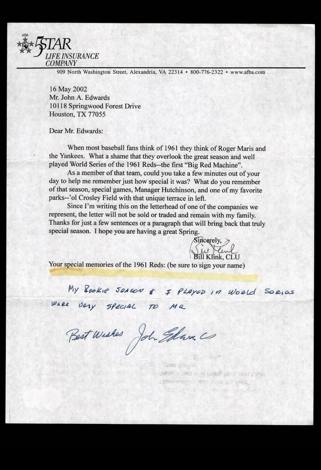 粉丝信函回应 - 约翰尼·爱德华兹,RE:1961 年辛辛那提红人基础认证 — 第 1/2 张图片