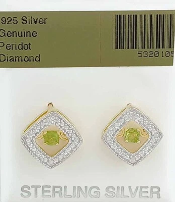 GENUINE PERIDOT & DIAMOND STUD EARRINGS .925 Silver - NEW WITH TAG - Image 1 of 4
