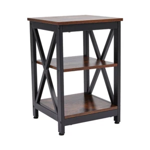 3 Tier Industrial Sofa Side Table Storage Shelf Rustic Wood Bedroom Nightstand - Picture 1 of 6