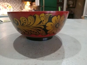 Handgefertigte russische UdSSR Lackgeschirr Holzschale 3x5,5" schwarz rot gold Blumen Blätter - Bild 1 von 6