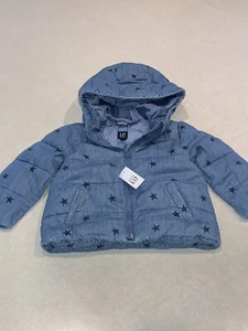 Baby Gap Girls Denim Puffer Jacket Blue Stars Size 2T NWT - Picture 1 of 5