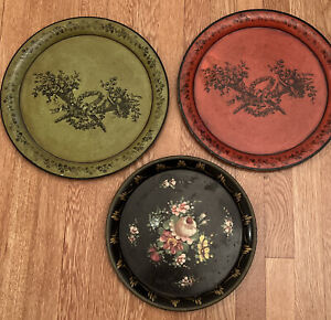 Three vintage tole Metal trays Hand Painted Flowers & Cornucopia Decor