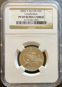 2002 S Louisiana Silver Proof State Quarter PF69 Ultra Cameo NGC - Picture 1 of 2