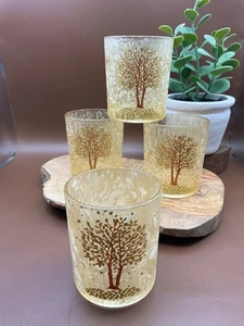 4er Set Pier 1 Votivkerzenhalter Braunglas bemalt Glitzer Herbst Bäume - Bild 1 von 4