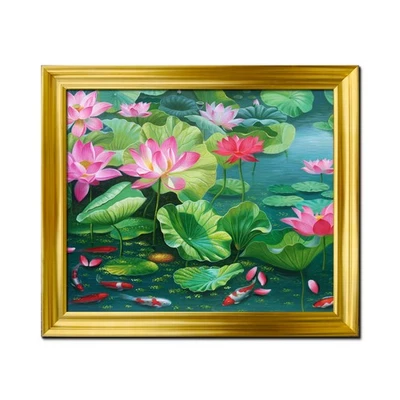 Arte enmarcado peces loto estanque peces koi pintura al óleo decoración del hogar impresión lienzo imagen Foto 1 de 4