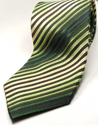 XMI Handmade in USA 100% Silk Tie Men's Brown Green Yellow White Striped NEW - Image 1 of 3