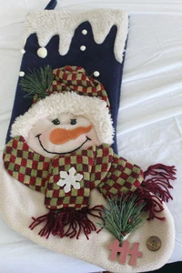 Snowman Stocking Checked Hat and Scarf Navy 20" - Picture 1 of 3