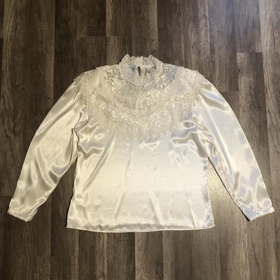 Blusa De Colección Años 80 Sonya Ratay San Andre Victoriana Marfil Satinado Encaje Cuello Babero Talla 12 Foto 1 de 4