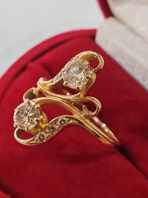 Bague ancienne toi et moi or jaune 18 carats et diamants taillés en roses - Photo 1/4