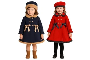 Beau Kid Baby Girl Double Breasted Coat Felted Wool Formal 2 Piece Winter Coat - Picture 1 of 21