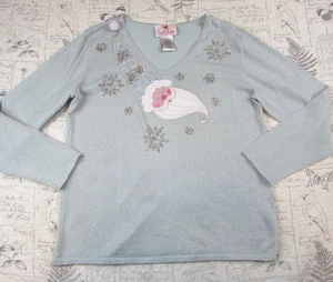 Quaker Factory Sweater Womens L Blue shimmer Christmas Santa Holiday lightweight - Picture 1 of 9