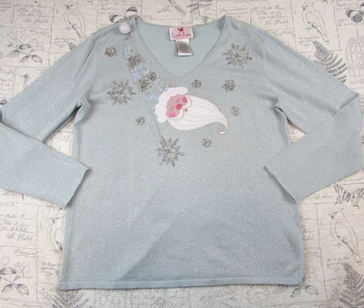 Quaker Factory Sweater Womens L Blue shimmer Christmas Santa Holiday lightweight - Image 1 of 4