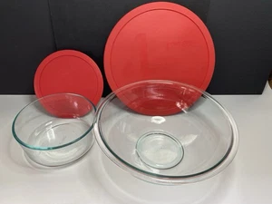 Pyrex Mixing Bowl #326 4qt & 7-Cup Storage Bowl #7203 Both With Red Lids EUC - Picture 1 of 18