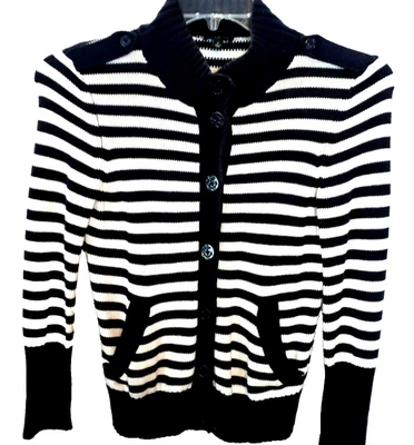 Talbots Sweater OP Cardigan Navy Blue White Striped Nautical Military Beach - Image 1 of 4