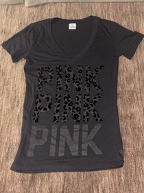 Victorias Secret Pink Tee Shirt Top Small Black Leopard Print Lettering