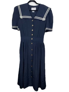Vestido Largo Vintage Indigo Lites Botón Azul Marino Blanco Militar Marinero Talla 16 - Imagen 1 de 6
