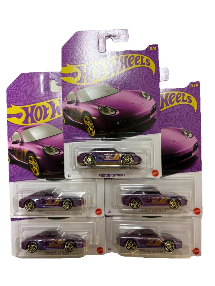 HOT WHEELS 2025 PURPLE & GOLD 57 th ANNIVERSARY PORSCHE CAYMAN S Lot x 5 - Image 1 of 1