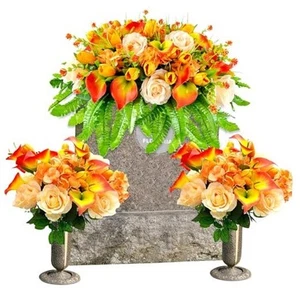 Headstone Flower Saddle Cemetery Flowers for Grave - Artificial Tulips Roses - Picture 1 of 7