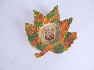 Ceramics Class Project Colorful Leaf Shape Bowl w/Owl Stamped Inside 7" x 7" - Picture 1 of 5