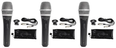 3 Rockville RMP-XLR Dynamic Cardioid Pro Microphones + 10' XLR Cables+3 Clips - Image 1 of 4