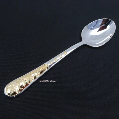 Pure 999 Fine Silver Soup Spoon Flatware Gold-color Flower Handle Dinner Spoon - Image 1 of 4