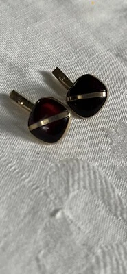Vintage Swank Ruby Red Glass Gold Tone Cuff Links Square Toggle (pre 1954) - Image 1 of 4