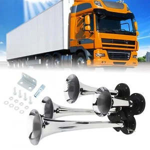 Silver Chrome Plated Zinc Alloy 4 Trumpet Train Air Horn Kit 12V/24V 150DB - Picture 1 of 11