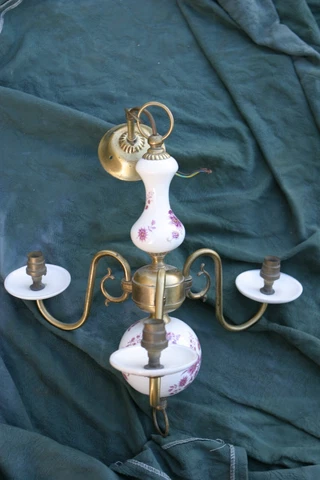 Attractive vintage brass and porcelain chandelier Victorian? Edwardian? Cover