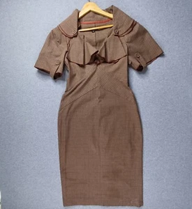 Cue Dress Women 12 Brown Pencil Check 50s 60s Silhouette Retro Cape Heavy Weight - Picture 1 of 16