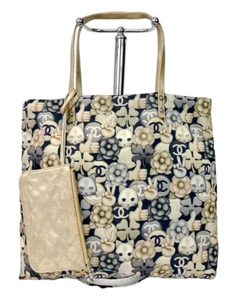 CHANEL Nylon Leather Shopping Tote Bag Metallic Gold Navy Cat Emoticon CC RARE - Picture 1 of 16
